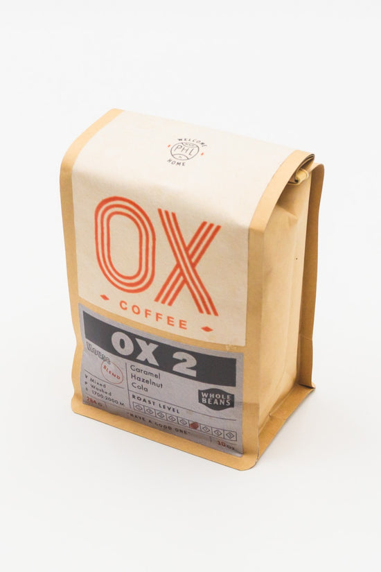 Whole bean coffee blend bag, kraft brown and cream with OX 2 label