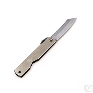 Chrome pocket knife angled view, straight blade and black handle with rivet