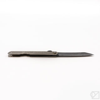 Chrome pocket knife with straight blade and black handle grip, open and flat